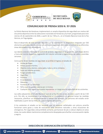 La Policía Nacional desplegará 550 agentes para garantizar la seguridad en el partido entre Honduras y Surinam. (Cortesía: Policía Nacional de Honduras)
