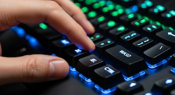 Primer plano de una mano derecha con el dedo índice presionando una tecla en un teclado gaming retroiluminado con luces LED azules y verdes.