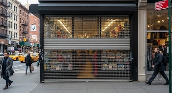 Fachada de tienda con persiana metálica de rejilla parcialmente bajada en una calle de la ciudad. Se ven personas caminando y taxis amarillos al fondo.