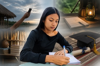 Una joven escribe en un cuaderno junto a un birrete, un diploma, una lámpara, libros y un brazo sosteniendo un teléfono celular.