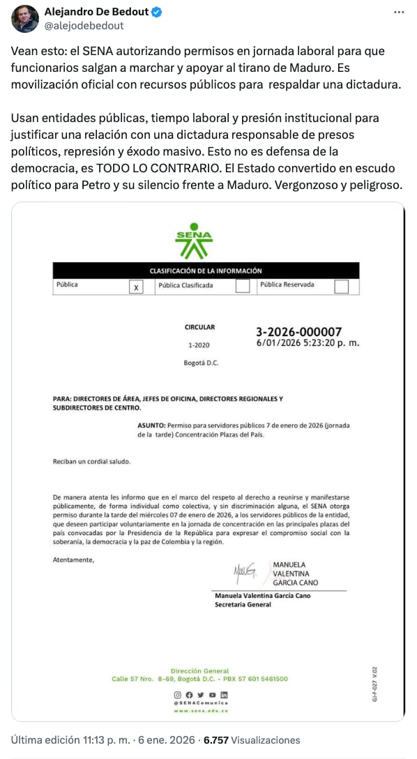 Alejandro de Bedout se despachó contra el Gobierno Petro por marcha del 7 de enero de 2026 - crédito @alejodebedout