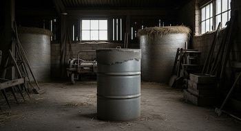 Un barril de metal con concreto en la parte superior, rodeado de pacas de heno, herramientas agrícolas y una carretilla, dentro de un galpón oscuro con ventanas.