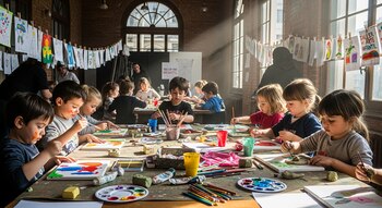 Un grupo de niñas y niños en un salón, sentados en mesas con materiales de arte. Pinturas, pinceles, lienzos y arcilla se ven sobre las mesas.
