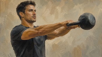 Pintura de un hombre atlético con camiseta negra sosteniendo una pesa rusa con ambos brazos extendidos, con un fondo abstracto de pinceladas claras