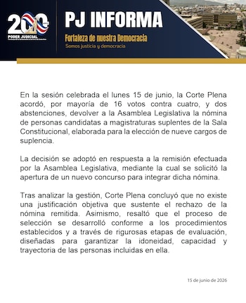 Comunicado emitido por el Poder Judial tras la sesión de la Corte Plena de este lunes. Cortesía: Poder Judicial