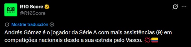 Andrés Gómez lleva más asistencias que cualquier otro jugador en Brasil, desde su llegada a Vasco en 2025 - crédito @R10Score/X