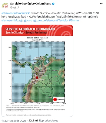 Nuevo sismo superficial se registró cerca de Chaparral, Tolima, a las 11:31 a. m. - crédito @sgcol/X