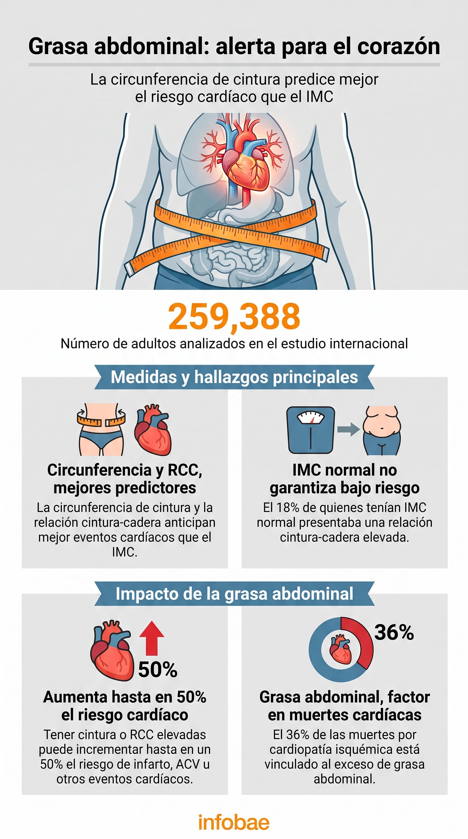 Los datos de un estudio internacional sobre 259.388 adultos muestran que la circunferencia de cintura y la relación cintura-cadera predicen mejor el riesgo cardíaco que el IMC. (Imagen Ilustrativa Infobae)