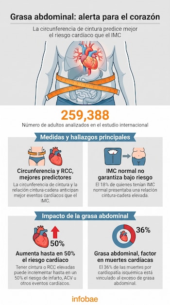 Infografía con torso humano, órganos, cinta métrica, balanza, corazón e íconos. Presenta datos sobre grasa abdominal, IMC y riesgo cardíaco.
