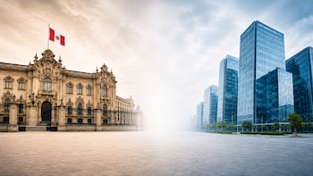 A la izquierda, el Palacio de Gobierno de Perú con bandera nacional; a la derecha, edificios corporativos modernos de cristal; al centro, un espacio vacío y brumoso