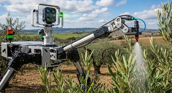 Primer plano de un robot agrícola gris con cámara y brazo rociador aplicando un líquido blanco sobre hojas verdes de olivo, con un campo y cielo nublado de fondo.