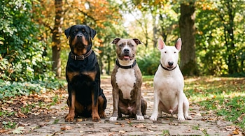 Un perro Rottweiler, un Pitbull y un Bull Terrier blanco están sentados en fila sobre un camino de parque cubierto de hojas secas.