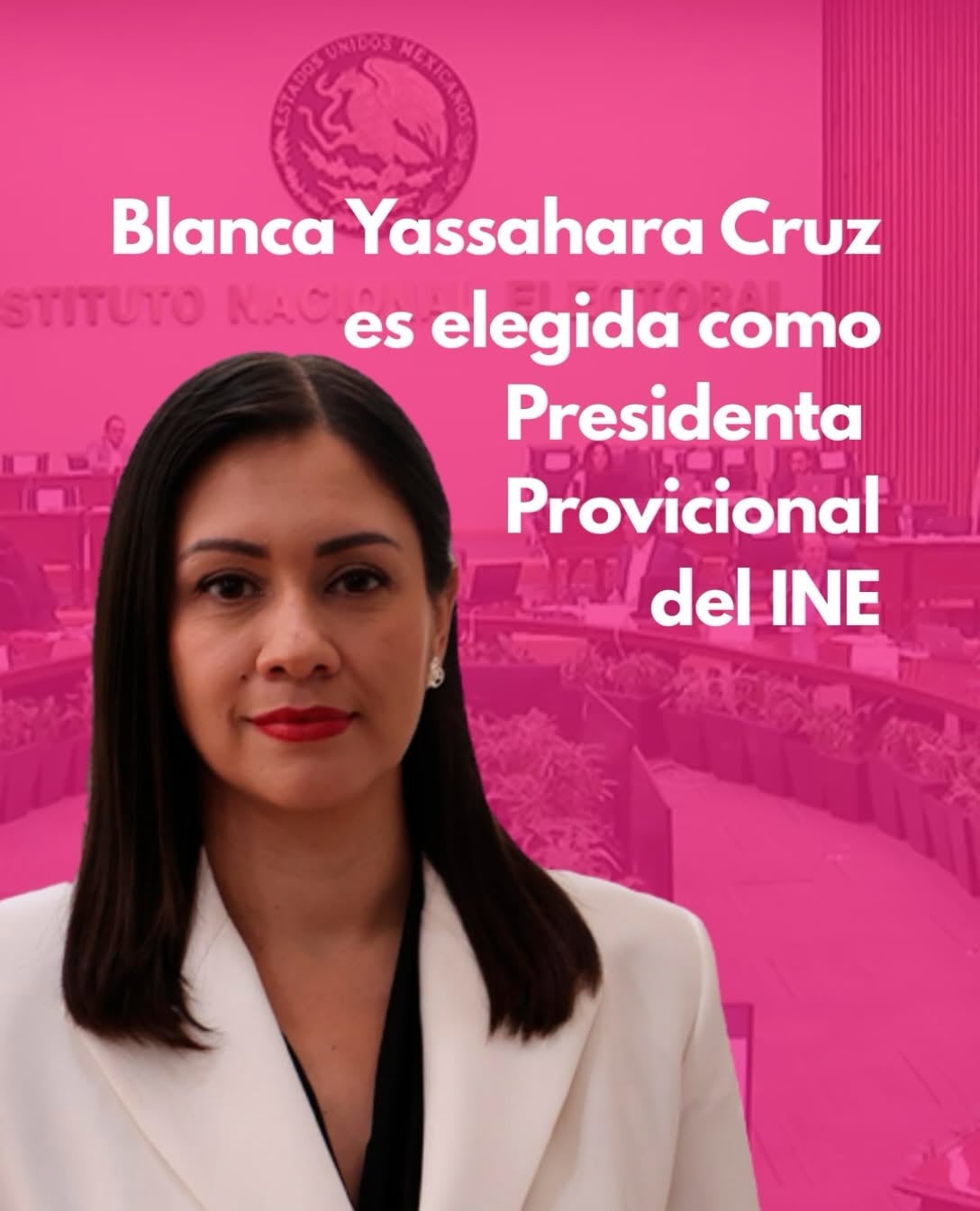 Blanca Yassahara Cruz García asume la presidencia provisional del Instituto Nacional Electoral de México frente a la sala del Consejo General. (ANCIFEM)