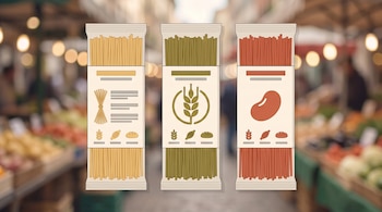 Tres paquetes de pasta de colores amarillo, verde y rojo con etiquetas que incluyen iconos de trigo, grano, pan y una legumbre, sobre un fondo de mercado difuminado.