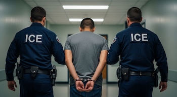 Un hombre esposado, vestido con camiseta gris y vaqueros, es escoltado por dos agentes del ICE en un pasillo. Se les ve de espaldas.