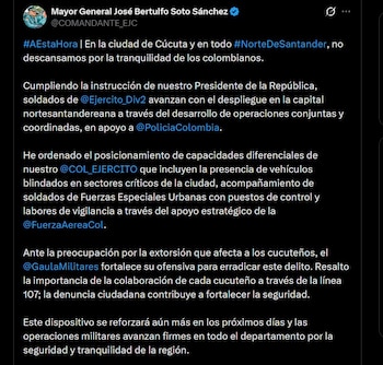 El comandante del Ejército, José Bertulfo Soto, ordenó el despliegue de vehículos blindados, Fuerzas Especiales Urbanas y puestos de control en sectores priorizados de Cúcuta. (@COMANDANTE_EJC / X)