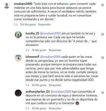 Captura de pantalla de comentarios de usuarios en redes sociales. Muestra texto en español y avatares de perfil, con interacciones como "Me gusta" y "Responder"