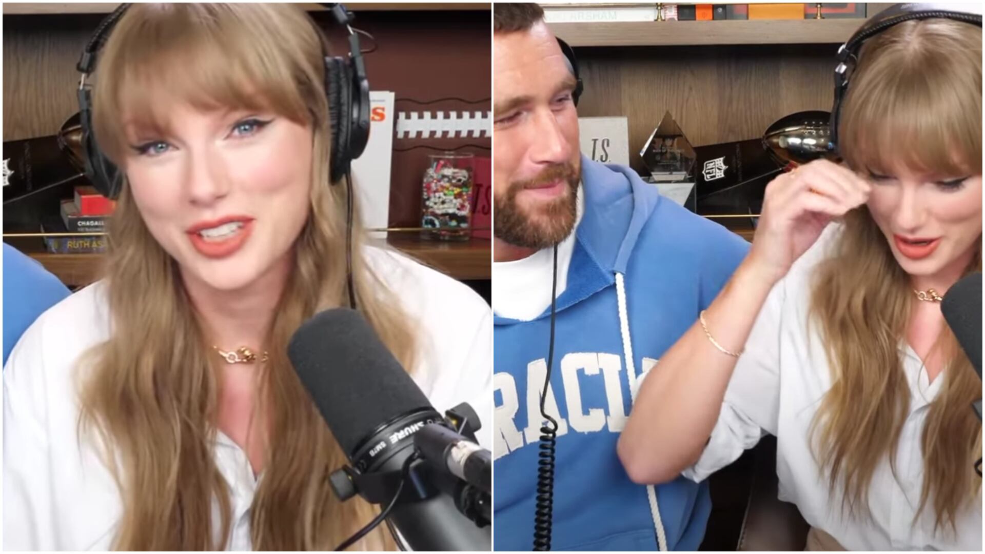 Taylor Swift rompe en lágrimas al recibir la noticia de la recuperación de sus canciones, acompañada de Travis Kelce en Kansas City durante un momento íntimo (YouTube/New Heights)