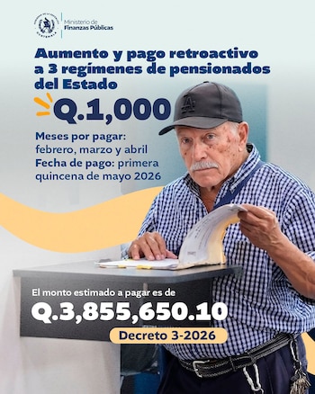 Poster del Ministerio de Finanzas Públicas de Guatemala: un hombre mayor revisa documentos. Texto anuncia aumento de Q.1,000 y pago retroactivo a pensionados