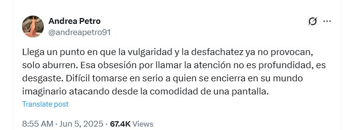 La hija mayor del presidente acusó a Leyva de actuar con “egolatría” y “superioridad moral falsa” - crédito @andreapetro91/X