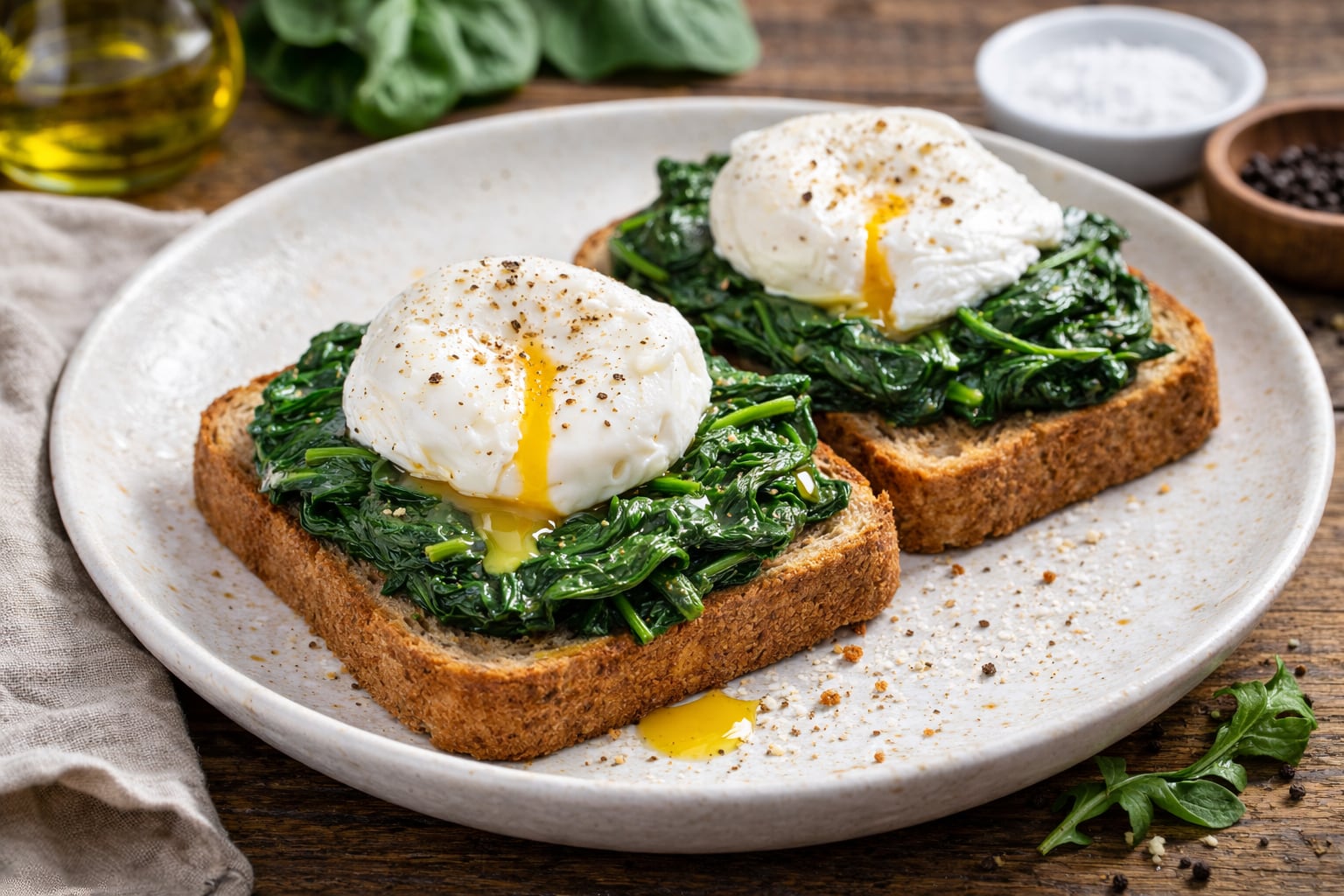 Las tostadas con huevo poché y espinaca aportan fibra, hierro y energía, resultando una opción nutritiva tanto para desayunos como para meriendas (Imagen Ilustraiva Infobae)