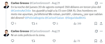 El periodista denunció que el asaltante lo obligó a entregar su billetera y un morral con equipos de trabajo, en inmediaciones de la calle 72 con carrera 15 - crédito Carlos Grossso