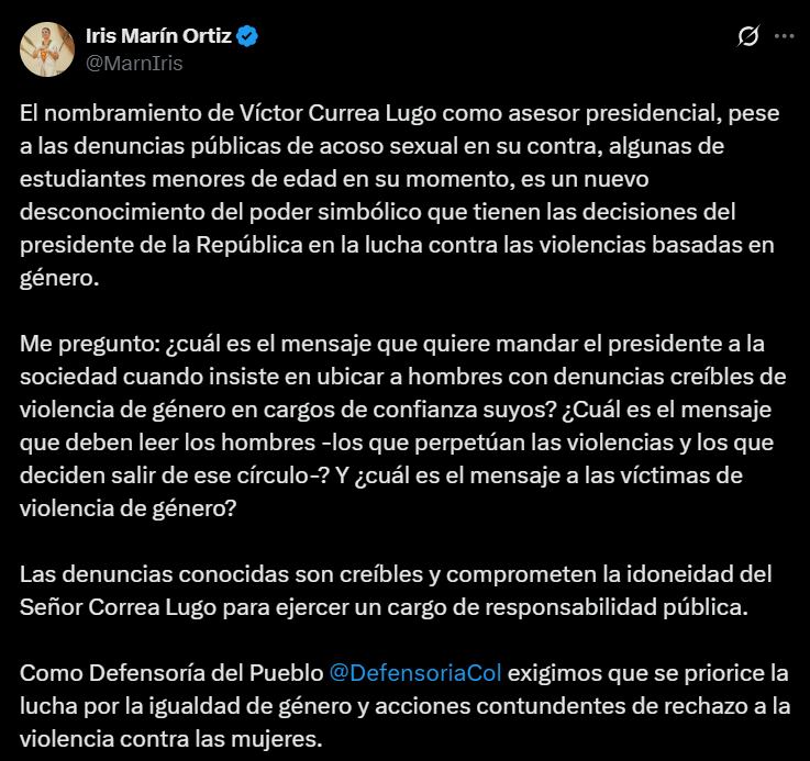 Iris Marín cuestionó la presencia de Currea Lugo como asesor en el Dapre - crédito @MarnIris / X