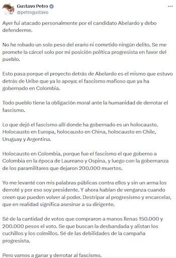Un mensaje en redes sociales del presidente Petro generó debate respecto a su participación en la campaña electoral y el cumplimiento de la ley. - crédito @petrogustavo/X