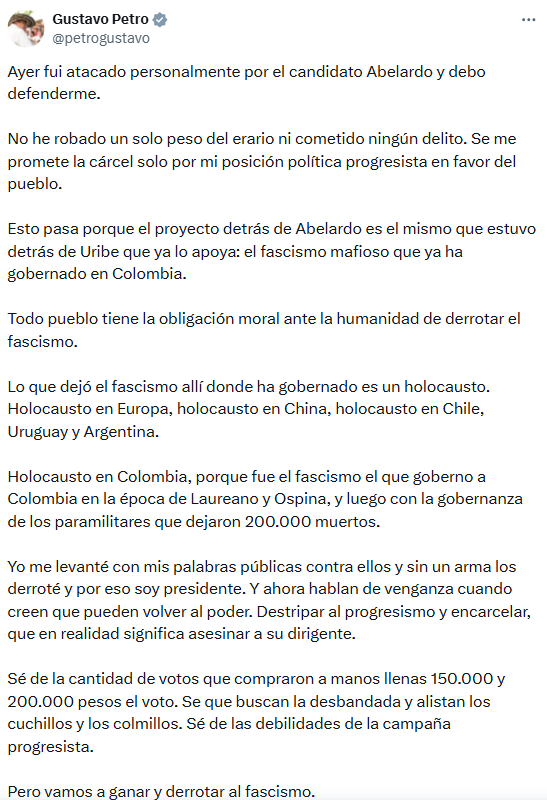 Un mensaje en redes sociales del presidente Petro generó debate respecto a su participación en la campaña electoral y el cumplimiento de la ley. - crédito @petrogustavo/X