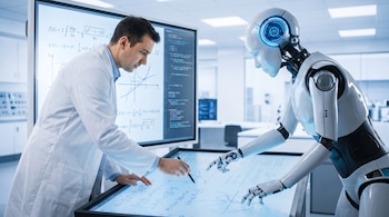 Hombre con bata de laboratorio, robot blanco, pantalla grande con ecuaciones matemáticas, mesa digital interactiva con gráficos y fórmulas.