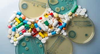 Varias pastillas y cápsulas de colores surtidos, mezcladas con placas de Petri que contienen colonias bacterianas con diferentes patrones.