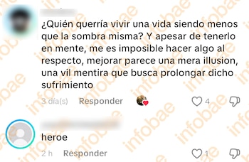Captura de pantalla de una publicación en redes sociales con un mensaje largo en español, un avatar de perfil y un comentario debajo que dice 'heroe'