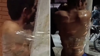 En video quedó registrado como comunidad amarró a presunto ladrón a un poste en Pereira: lo pegaron con cinta y vinipel