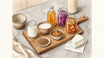 Varias preparaciones de alimentos fermentados dispuestas sobre una tabla de madera: frascos con líquidos y vegetales, cuencos con sustancias cremosas y granos, además de un bloque de queso.