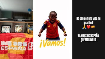 Tres publicaciones: una sala con bandera de España y un balón; un niño con camiseta de España; texto de euforia por España en fondo negro con emojis