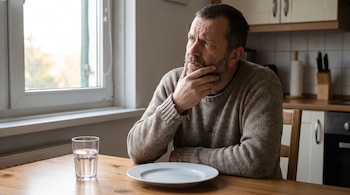 Hombre con barba sentado en una mesa de madera con un plato blanco vacío y un vaso de agua, junto a una ventana con vista exterior borrosa.