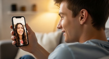Hombre joven de perfil mira un teléfono móvil que sostiene con la mano y que muestra la imagen de una mujer sonriente en la pantalla.