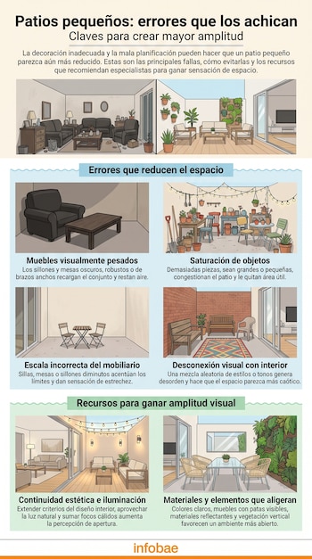 Infografía sobre el diseño de patios pequeños. Ilustra errores como muebles pesados, saturación de objetos y mobiliario incorrecto, y recursos para su amplitud.