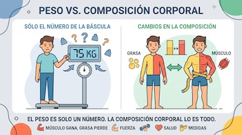 Infografía con un hombre sobre una báscula con la cifra 75 kg a la izquierda y dos figuras con cinta métrica, músculo y grasa a la derecha.