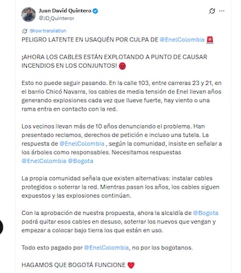 Esta fue la denuncia de Juan David Quintero sobre el cableado eléctrico de la localidad de Usaquén - crédito @JD_Quinteror/X