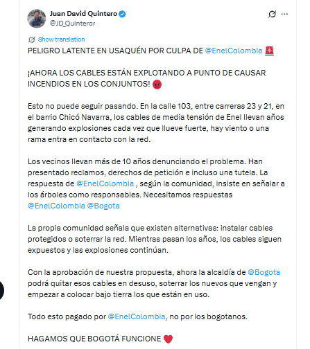 Esta fue la denuncia de Juan David Quintero sobre el cableado eléctrico de la localidad de Usaquén - crédito @JD_Quinteror/X