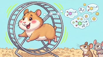 Ilustración de un hámster marrón feliz corriendo en una rueda, observado por dos ratones, con burbujas de pensamiento de moléculas y emociones.