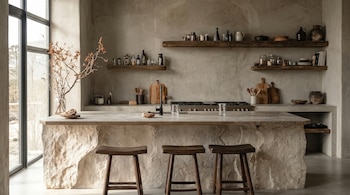 Interior de una cocina moderna con paredes de hormigón, una isla central de piedra natural con encimera clara, tres taburetes de madera y estantes flotantes.