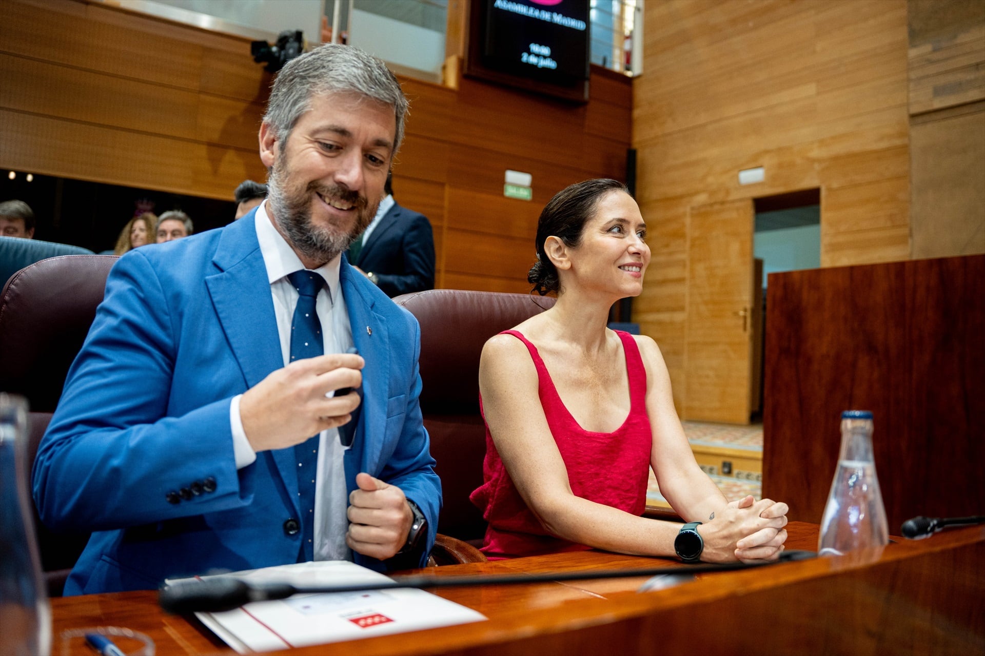 La presidenta de la Comunidad de Madrid, Isabel Díaz Ayuso, y el consejero de Presidencia, Justicia y Administración Local, Miguel Ángel García Martín, durante un pleno extraordinario, en la Asamblea de Madrid, a 2 de julio de 2026, en Madrid (España). (Gabriel Luengas / Europa Press)