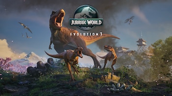 Imagen promocional de Jurassic World Evolution 3 con un gran dinosaurio rugiendo, dos más pequeños, un vehículo volcado y edificios en un paisaje montañoso