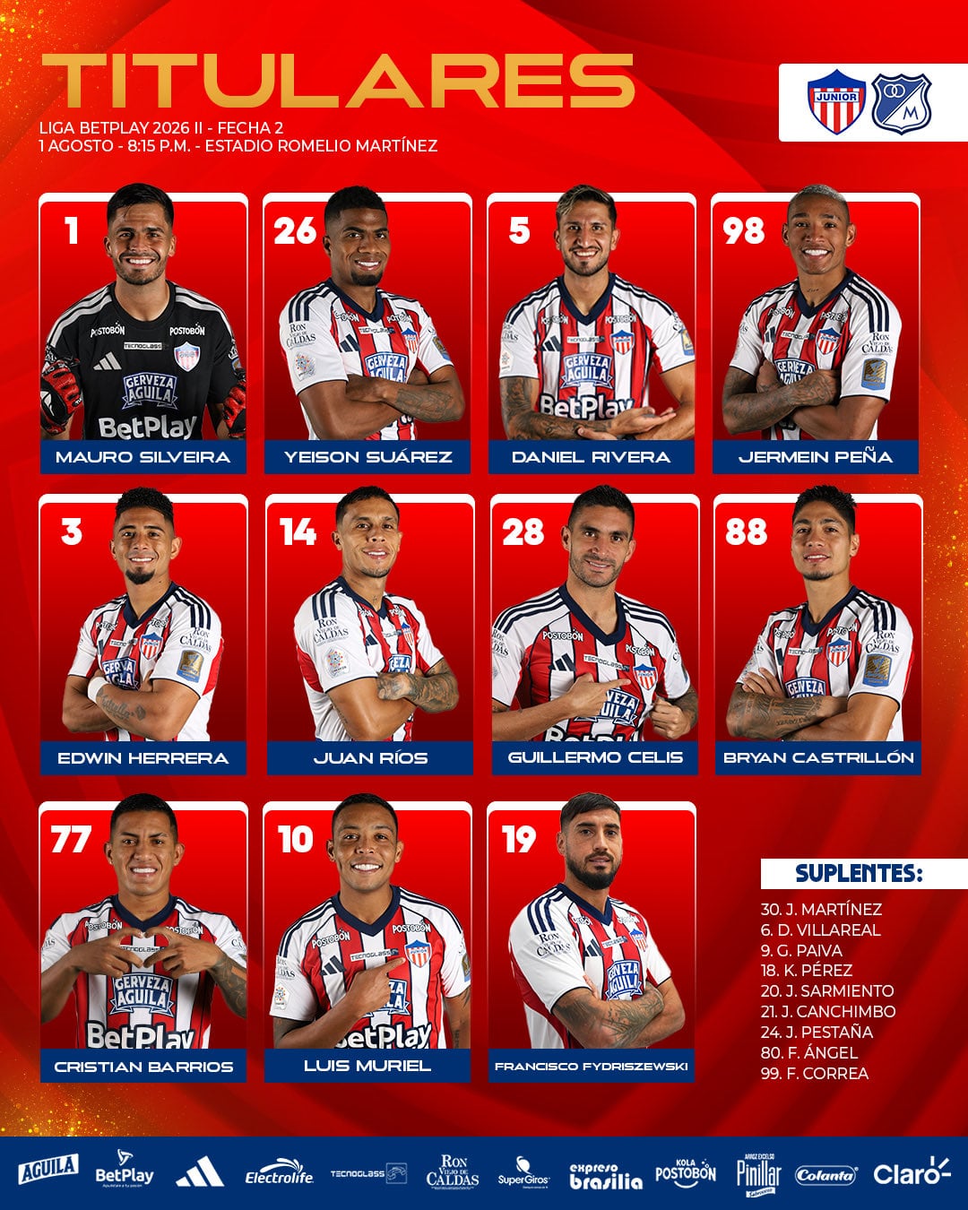Formación del Junior en el estadio Romelio Martínez, donde recibirá a Millonarios - crédito Junior FC