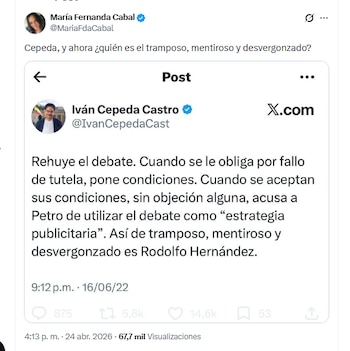 La senadora María Fernanda Cabal criticó a Iván Cepeda por no ir a debates - crédito @MariaFdaCabal/X