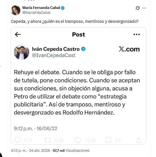 La senadora María Fernanda Cabal criticó a Iván Cepeda por no ir a debates - crédito @MariaFdaCabal/X