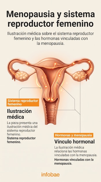 Gráfico del aparato reproductor femenino con esquemas de luz, líneas de referencia, texto explicativo y el logotipo de Infobae al pie.