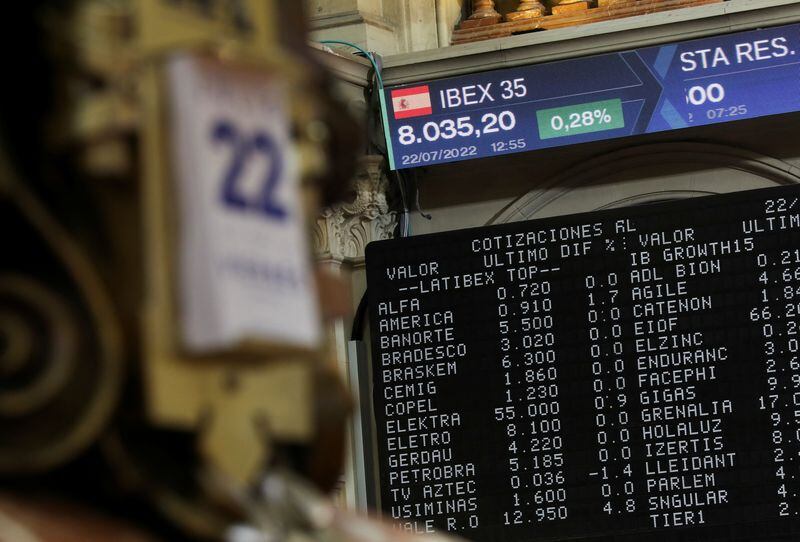 Paneles electrónicos muestran el valor del IBEX 35 (REUTERS/Isabel Infantes)